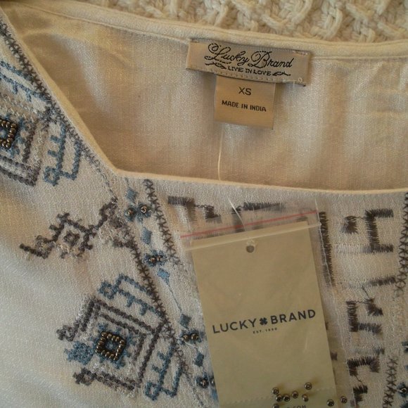 Lucky Brand Aztec Boho Embroidered Beaded Peasant Ivory Blouse - Picture 5 of 8